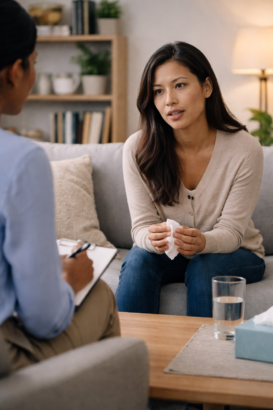 Patient with postpartum depression receiving therapy as treatment for PPD.