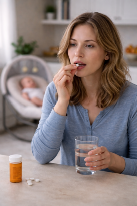A mother taking medication for her postpartum depression with a baby in a rocker in the background