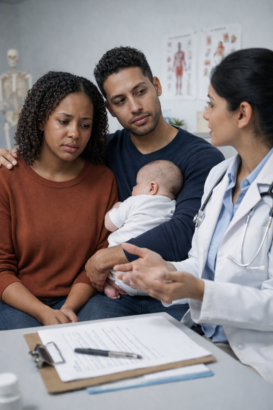 Couple with newborn baby receiving postpartum depression support and guidance from doctor