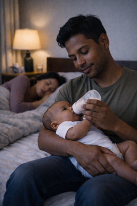 A father bottle-feeding a newborn at night allowing the mother to get some rest