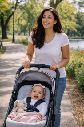 Happy new mother walking baby in a stroller showing what life can be like if postpartum depression gets properly treated